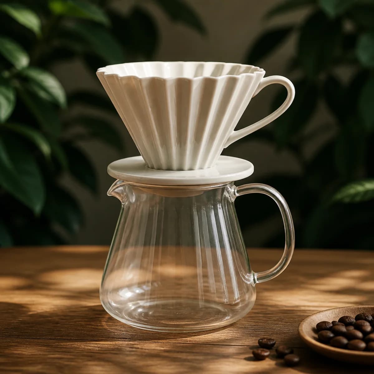 Dripper keramik V60 Ceramic Kumo di atas server kaca