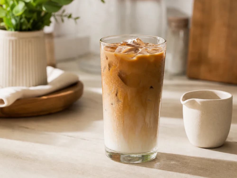 Segelas kopi susu di samping biji kopi