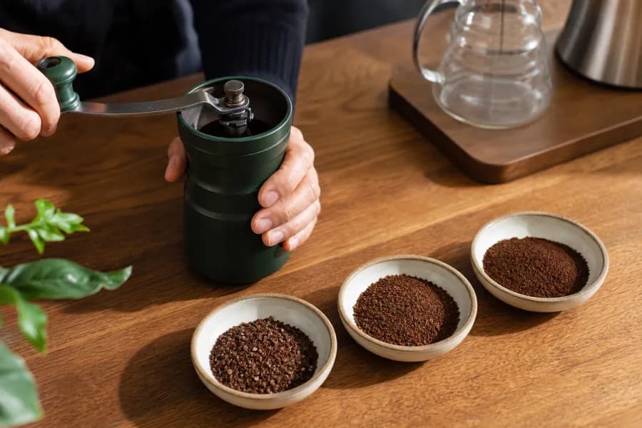 Beberapa level gilingan kopi pada baki kecil